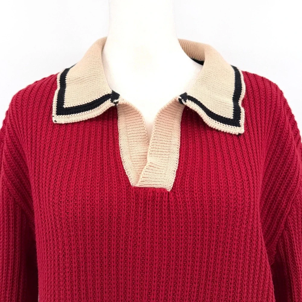 OXKNIT 100% Cotton Long Sleeve Polo Sweater Mod Style Retro Red Medium